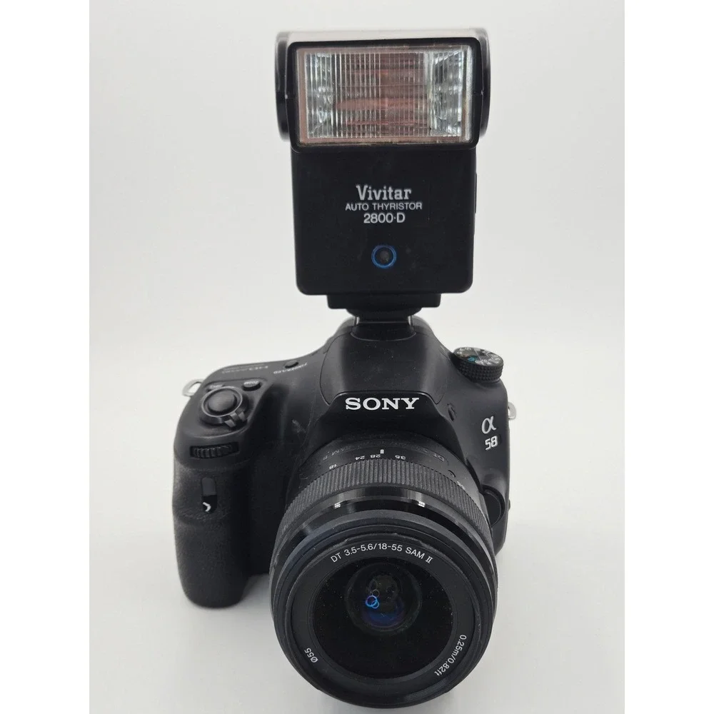 Sony Alpha A58 DSLR Digital Camera 20.1MP- 18-55mm Lens Vivitar Flash WORKS-READ